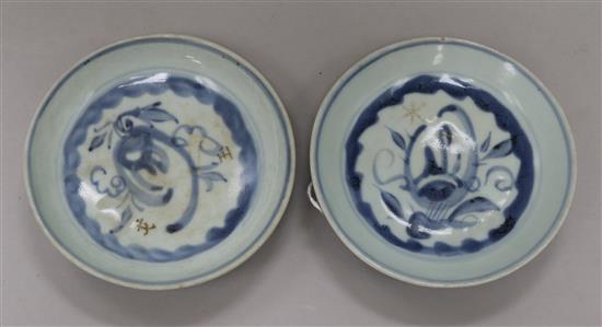 Two Chinese provincial Ming saucer dishes with foliate decoration 15cm